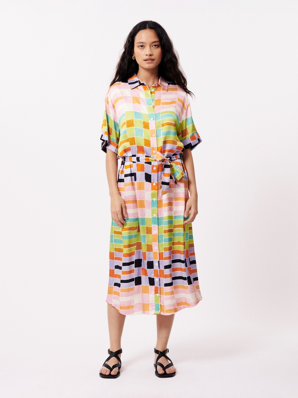 FRNCH Paris Paige Hot Palette Midi Shirt Dress Colorful Geometric Belted Size S
